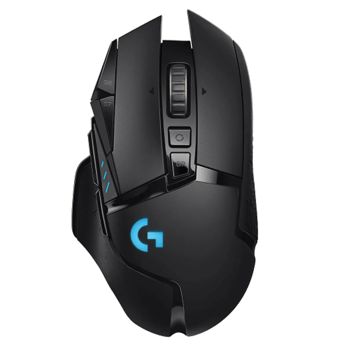 Black right-handed gaming mouse with contoured thumb rest, textured side grips, two DPI buttons behind the scroll wheel