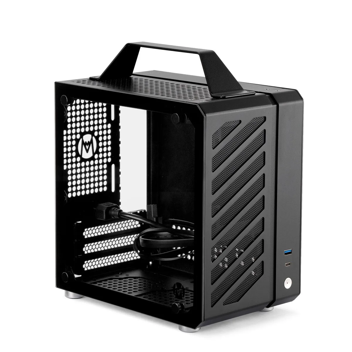 Black aluminium and steel Mini-ITX cube with tempered glass side panel and integrated carry handle
