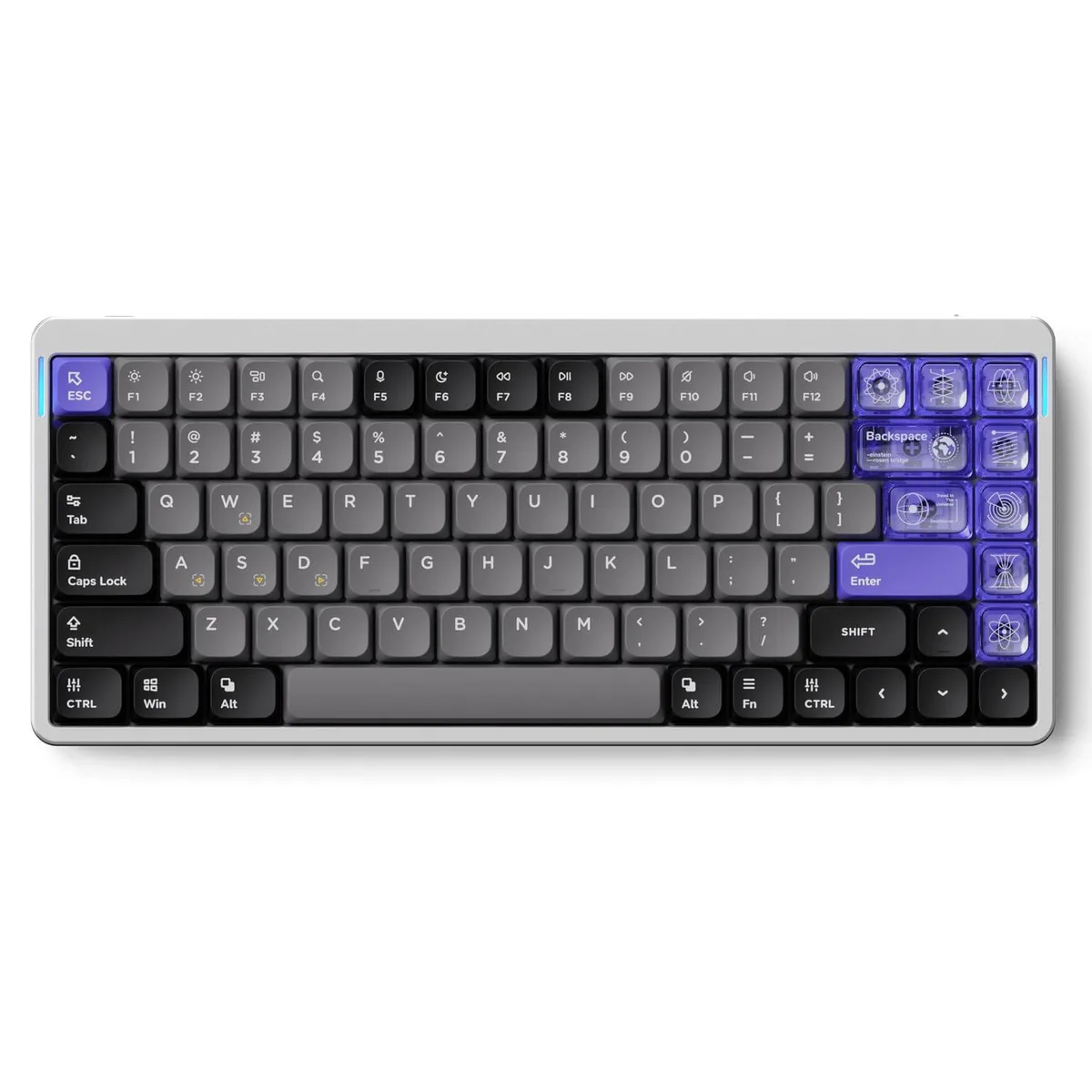 Silver low-profile mechanical keyboard with aluminium top case and 84 keys