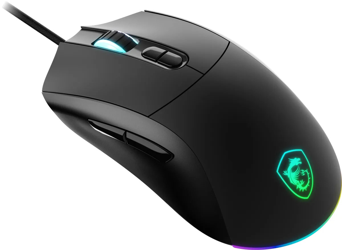 Black symmetrical gaming mouse with RGB lighting and textured side grips