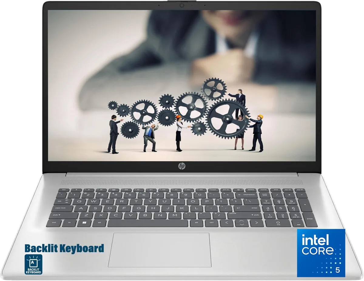 Silver 17.3 inch touchscreen laptop with full-size backlit keyboard