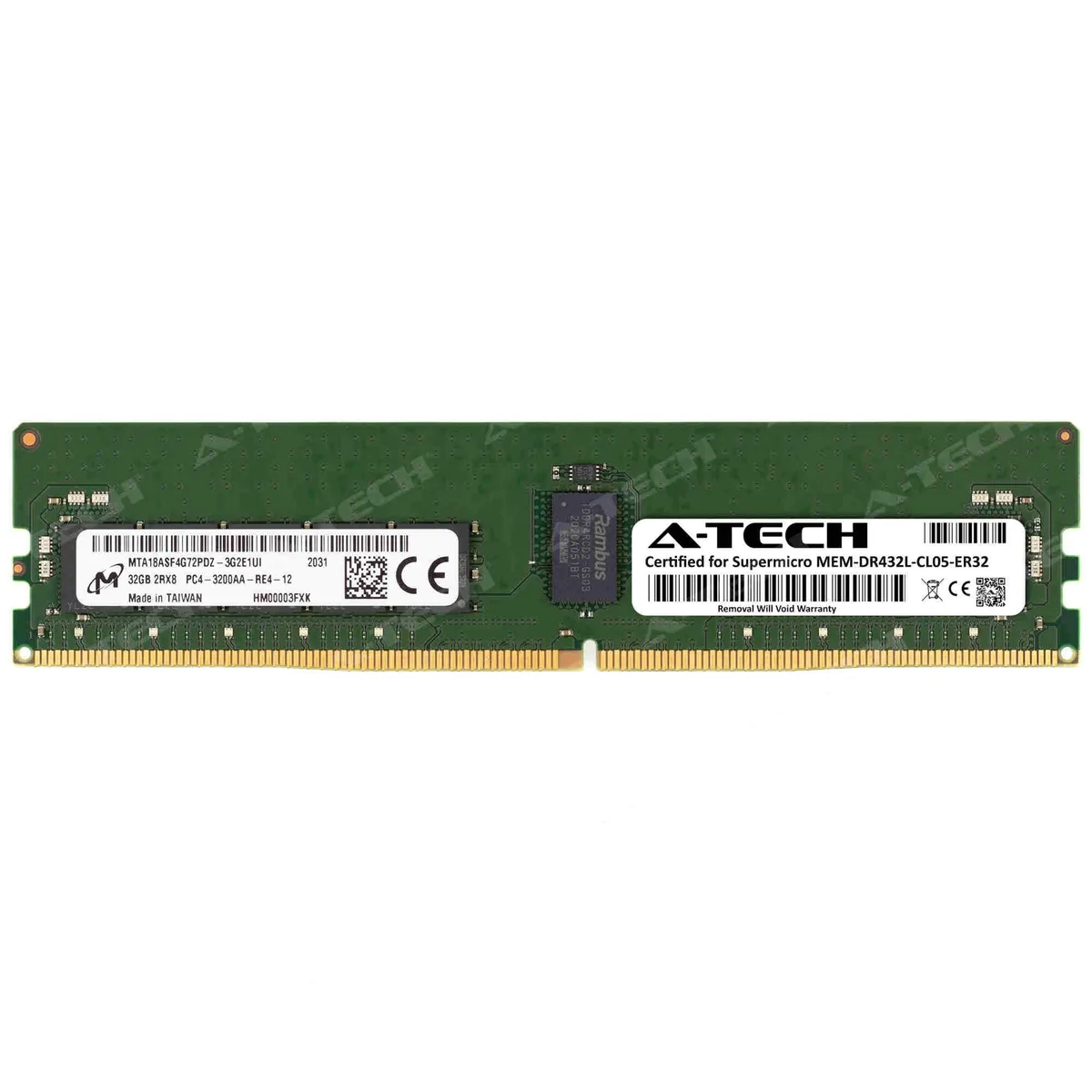 Green 288-pin DDR4 RDIMM module with black chips and silver label