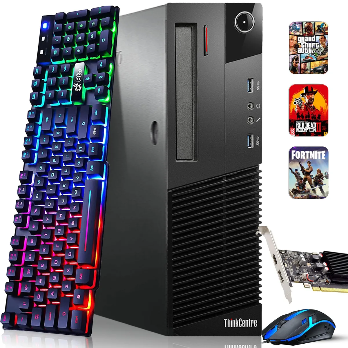 Small black desktop tower with wired keyboard and mouse