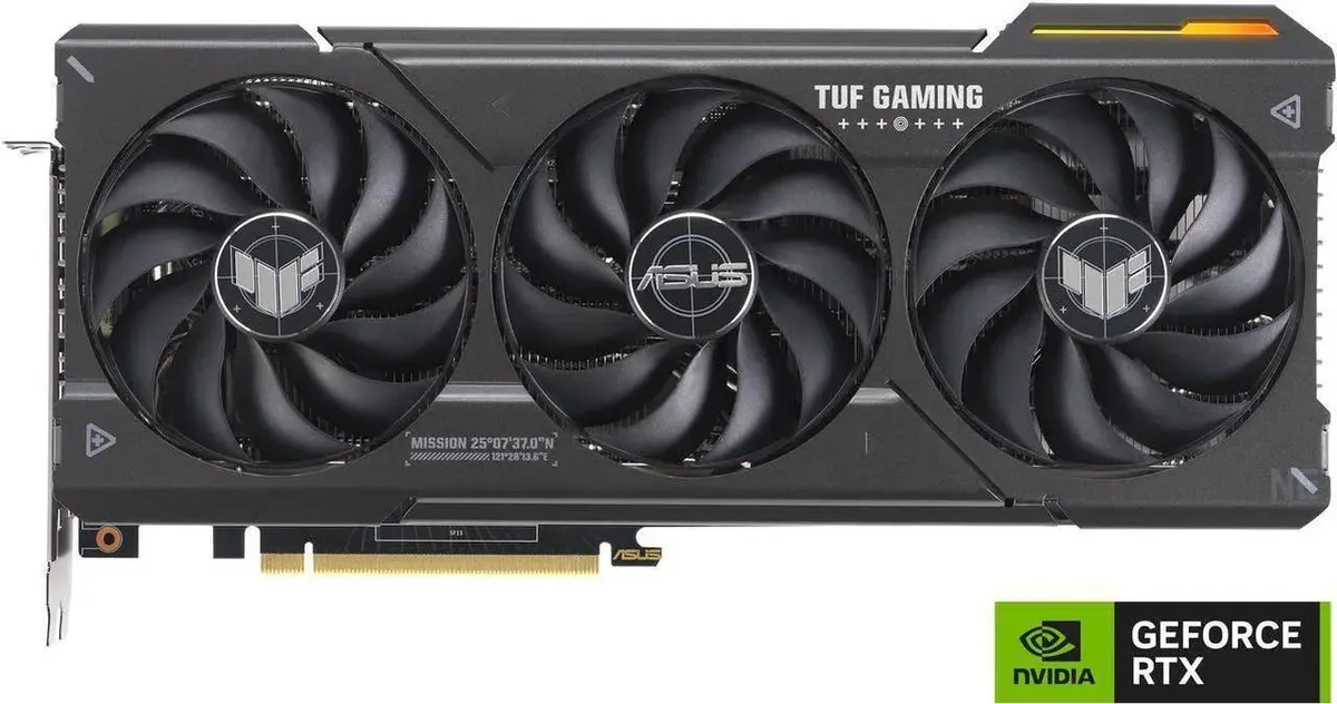 ASUS TUF Gaming GeForce RTX 4070 SUPER graphics card with three axial-tech fans and vented metal backplate