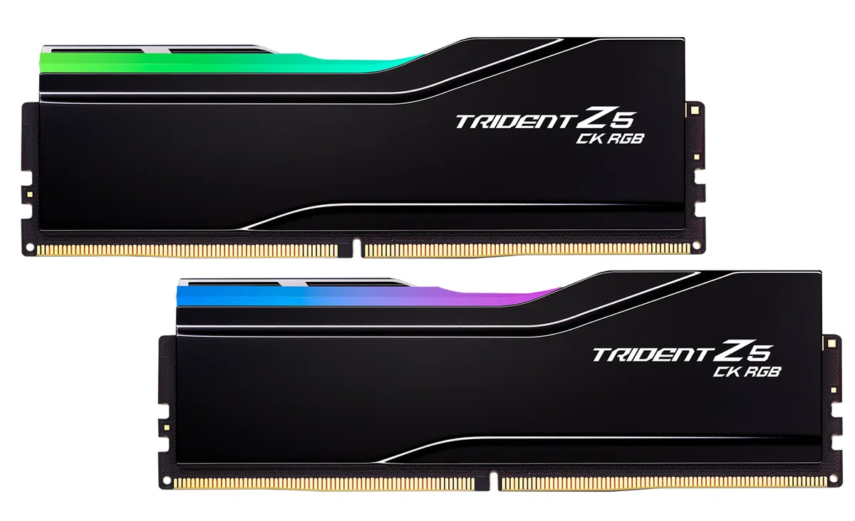 Two black DDR5 DIMMs with glossy piano-black finned heatspreaders and RGB lighting zones