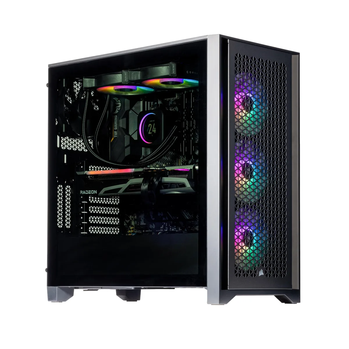 Black desktop tower with RGB fans and 240mm AIO cooler
