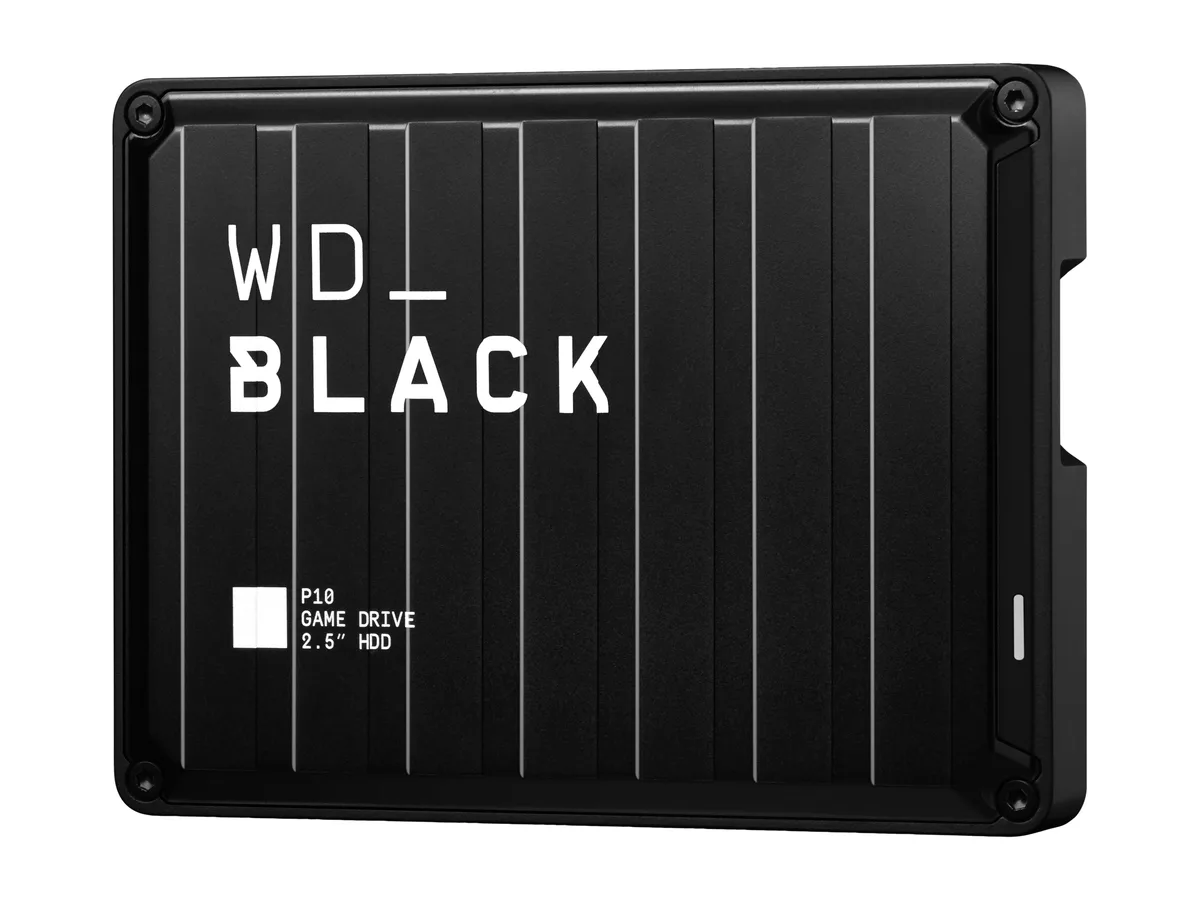 Black rectangular 2.5 inch portable hard drive with metal top cover and micro USB port