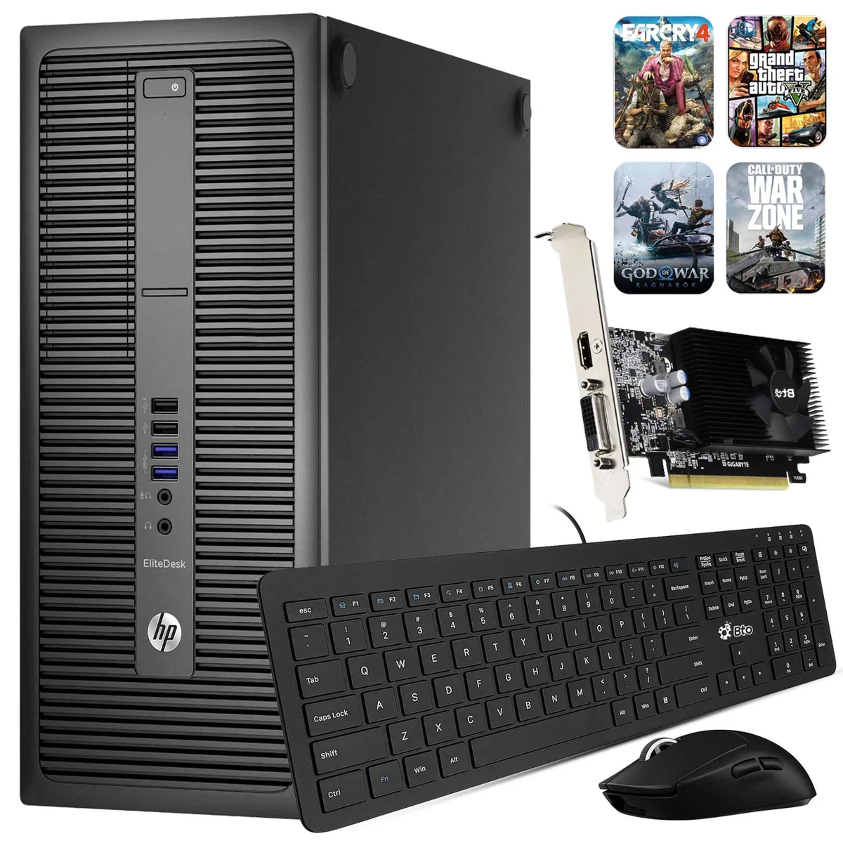 Black HP ProDesk G2 tower desktop with wired keyboard and mouse