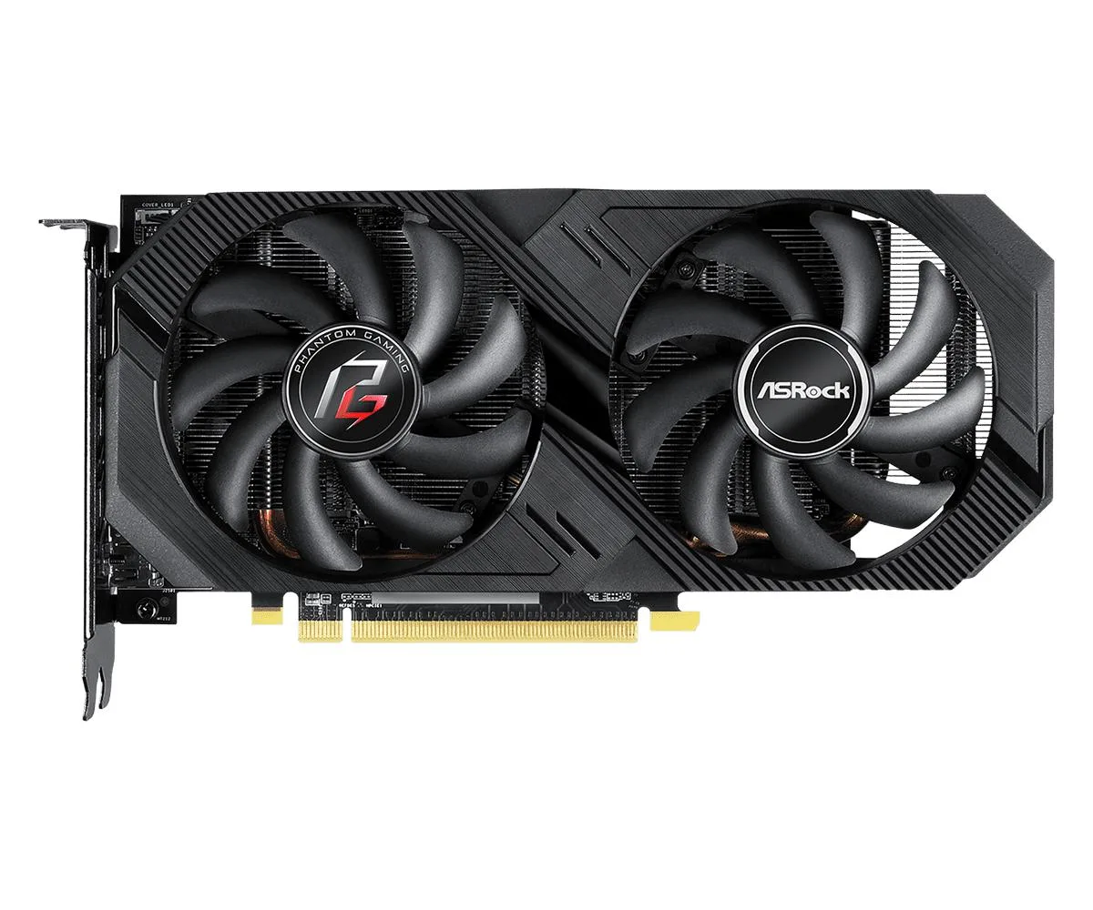 ASRock Radeon RX 590 GME Phantom Gaming 8G OC graphics card, dual-fan cooler with metal backplate, black and silver finish