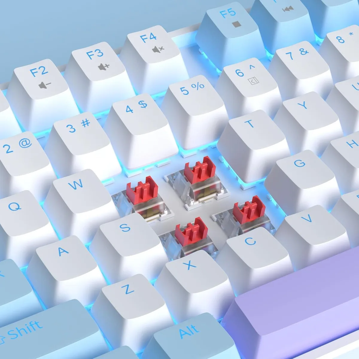 White 75% mechanical keyboard with blue LED backlighting and purple accent keycaps