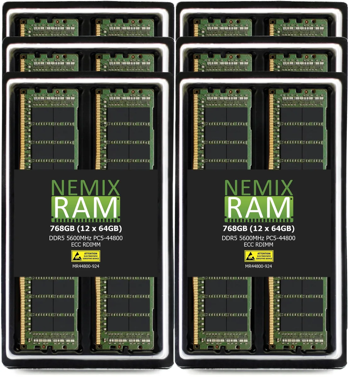 Sixteen green DDR5 RDIMM modules in a tray