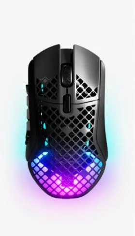 Black right-handed gaming mouse with honeycomb shell and 12-button side panel