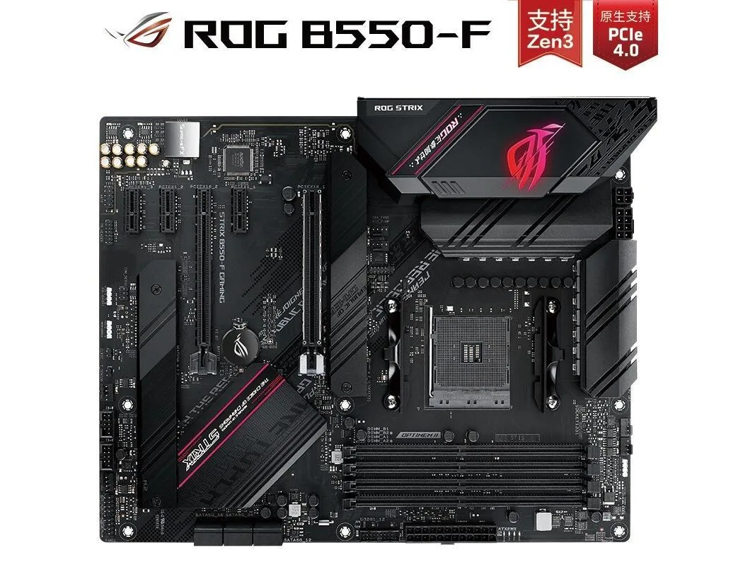 Black ATX motherboard with grey heatsinks and ROG branding