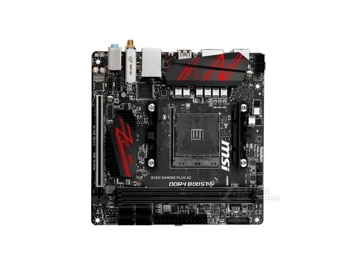 Compact Mini-ITX board with dark PCB, silver socket and black heatsinks
