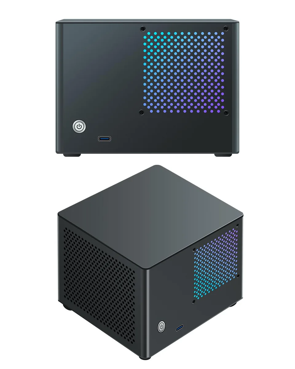 Compact grey mini-PC tower with dedicated graphics card