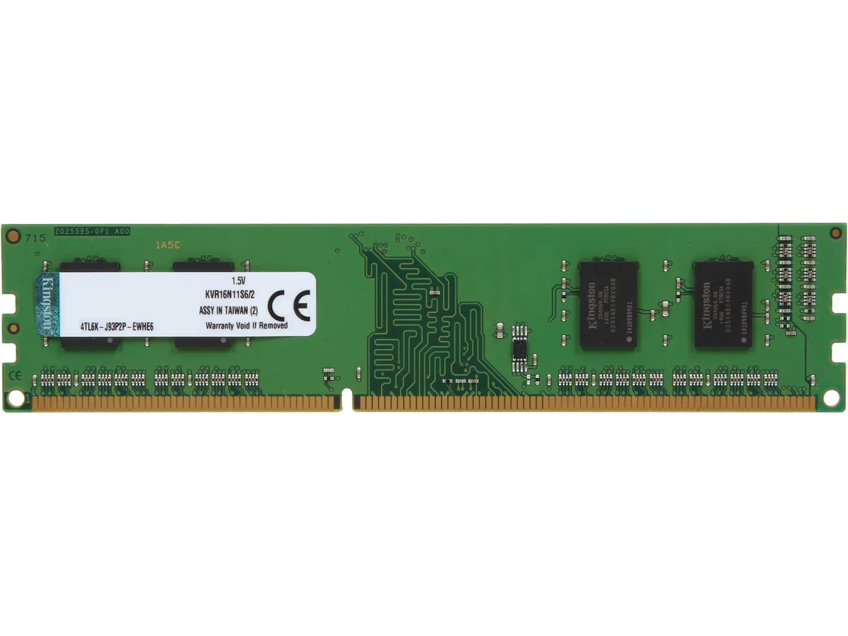 Green circuit board with black memory chips, gold edge connectors, standard DIMM shape