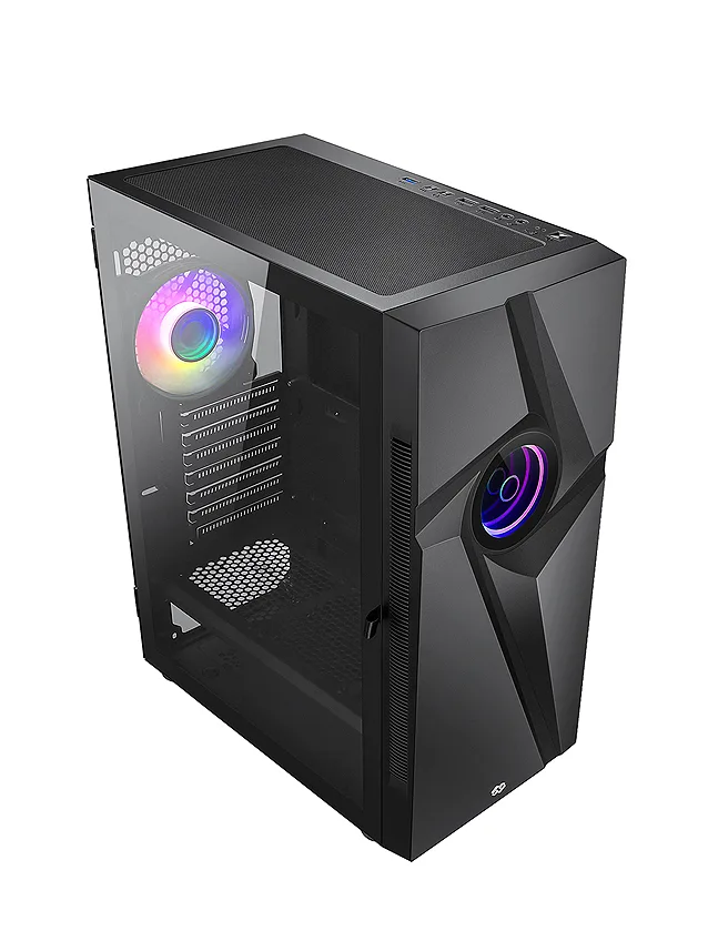 Black mid-tower ATX case with tinted tempered glass side panel and ARGB front lighting