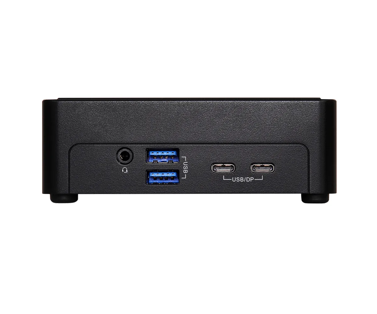 Compact silver barebone mini PC with front USB-C and USB-A ports