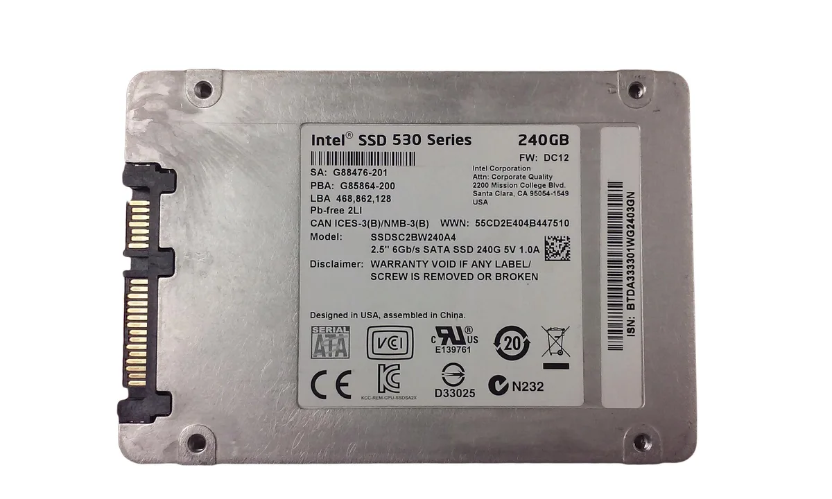 Silver 2.5 inch internal SSD with black label showing Intel 530 Series 240GB