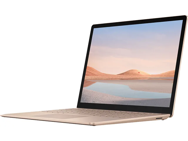 Sandstone Surface Laptop 4 with metal palm rest, 13.5 inch 3:2 touchscreen display, USB-C and USB-A ports visible
