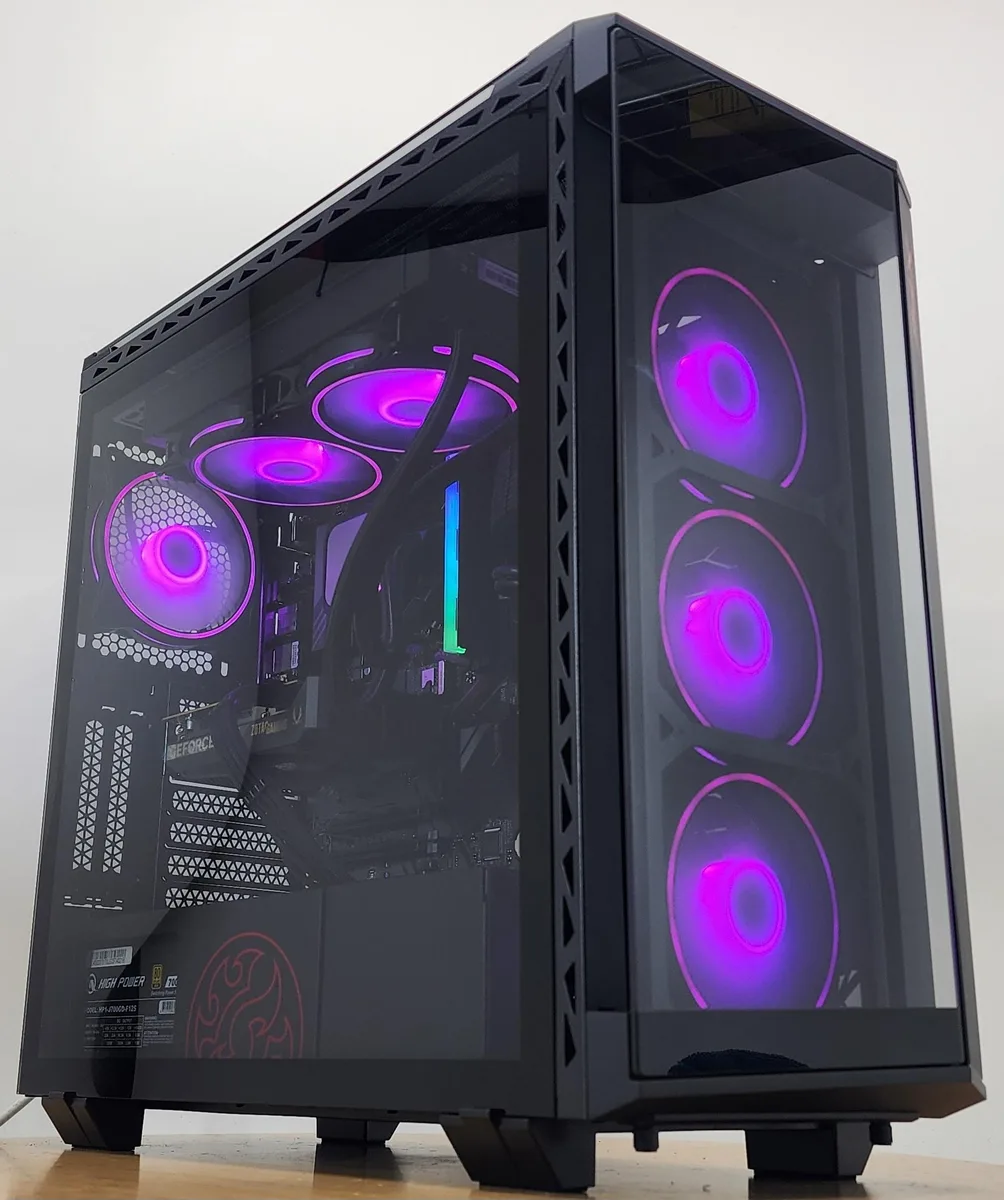 White mid-tower gaming desktop with tempered glass side panel