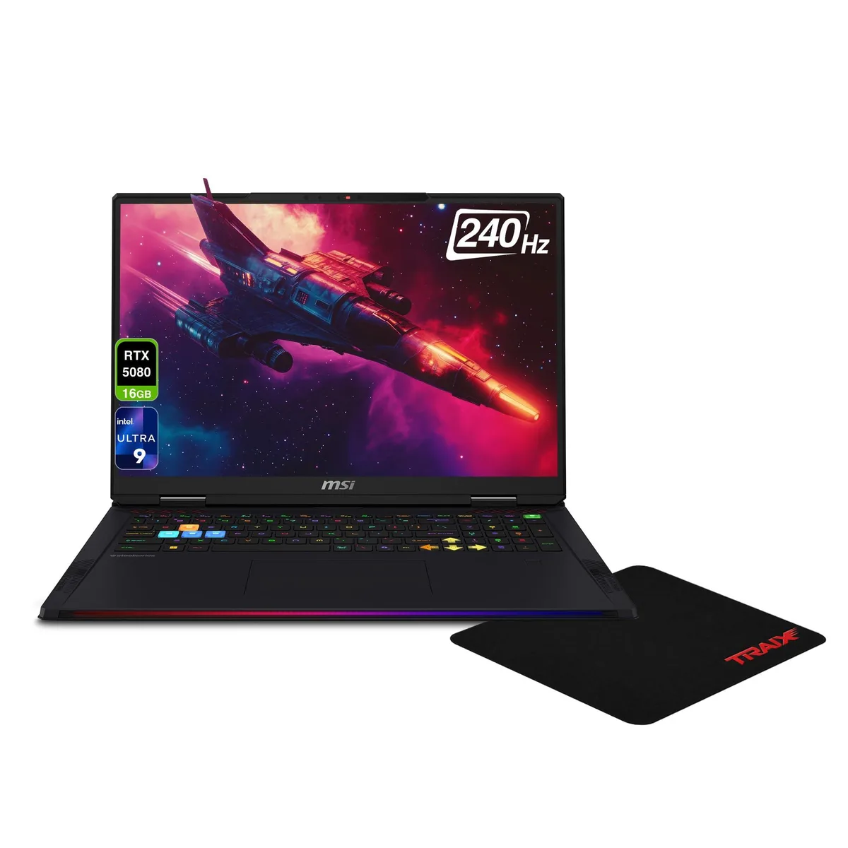 MSI Raider 18 HX gaming laptop in Core Black finish, 18 inch display, backlit keyboard