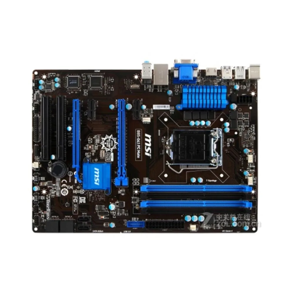 Green ATX motherboard with silver CPU socket, black memory slots and blue PCIe slots, rear I/O panel visible