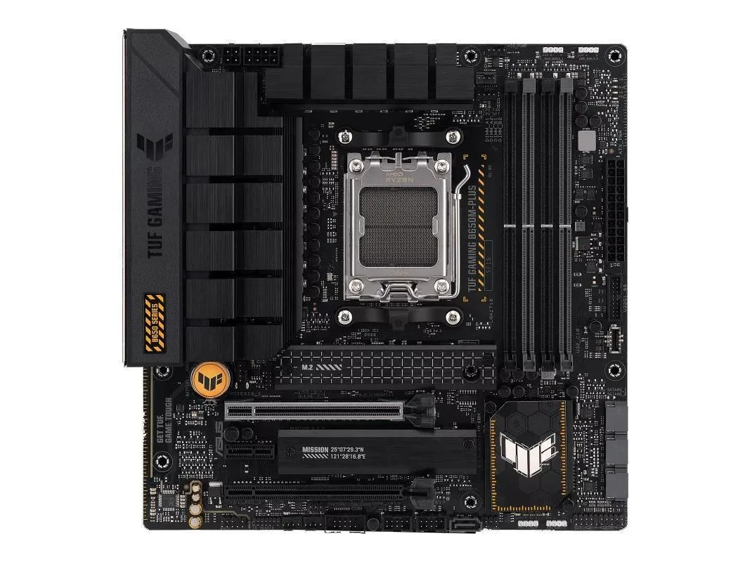 ASUS TUF Gaming B650M-PLUS micro ATX motherboard, dark finish with reinforced slots