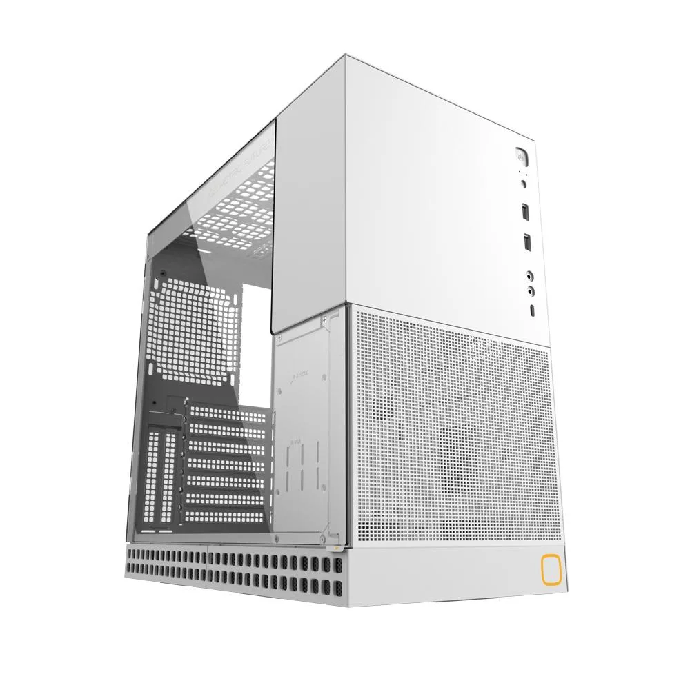 White mid-tower case with glass side panel, mesh feet and vertical GPU mount