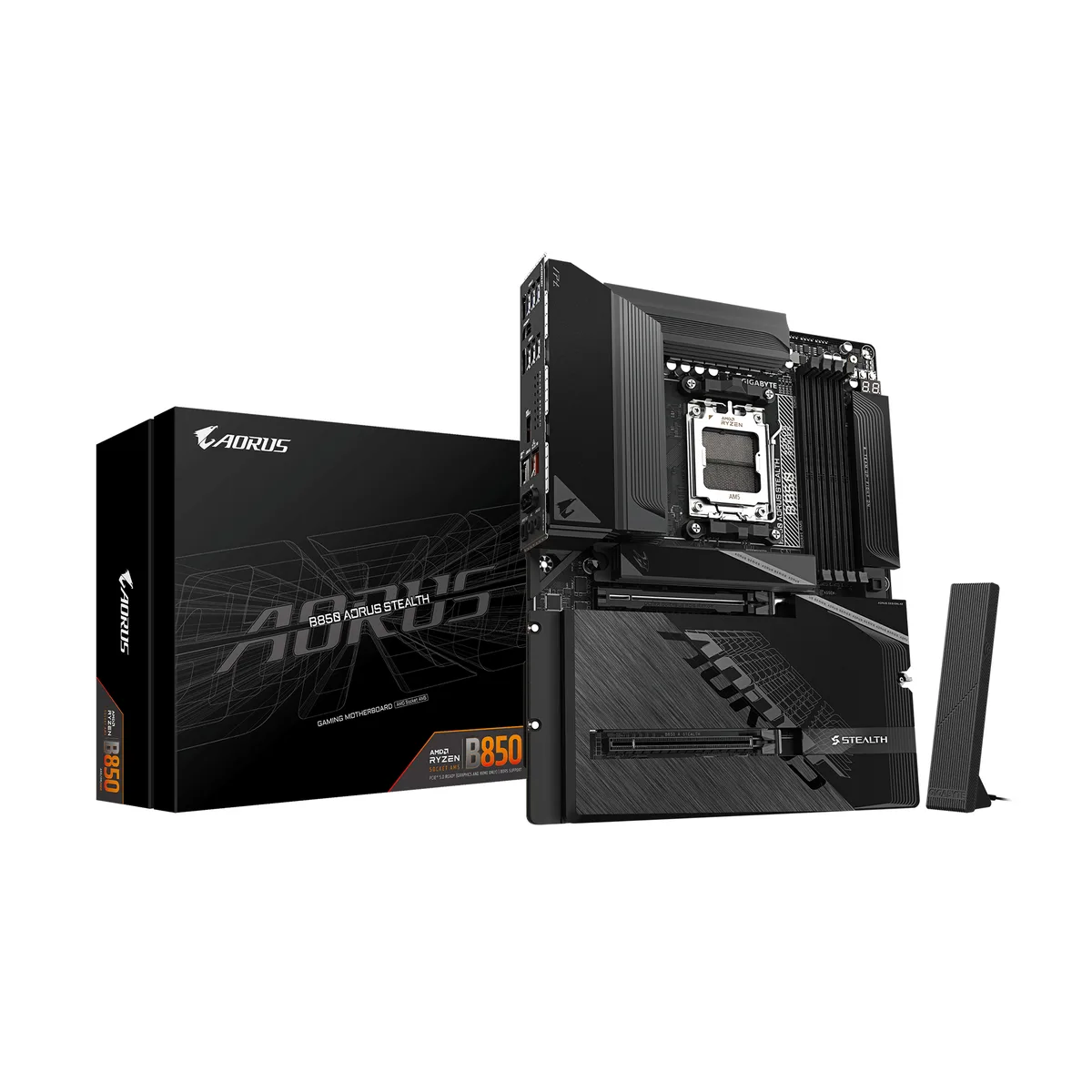 ATX motherboard in dark finish with rear I/O shield and multiple M.2 heatsinks