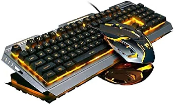 Orange and yellow full-size keyboard with matching mouse, metal texture panel, raised keys, LED backlighting
