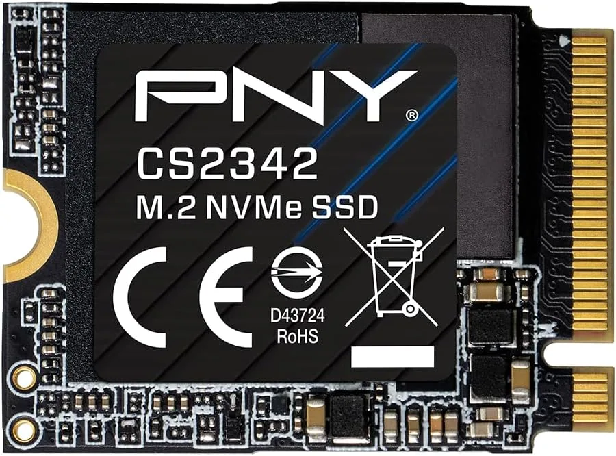 Small green circuit board with gold edge connector and black memory chips, M.2 2230 form factor, no heatsink