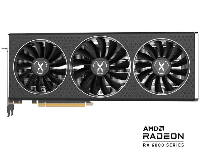 Triple-fan graphics card in dark finish with metal backplate