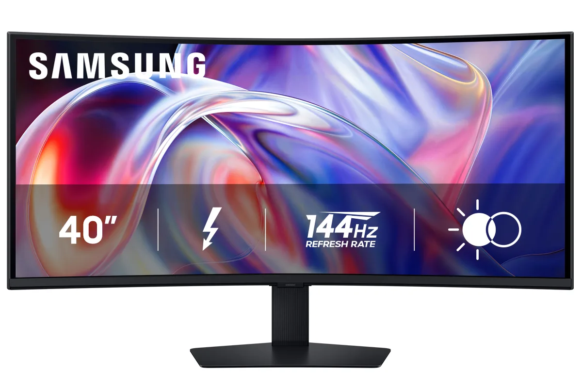 Black 40 inch curved ultrawide gaming monitor on height adjustable stand