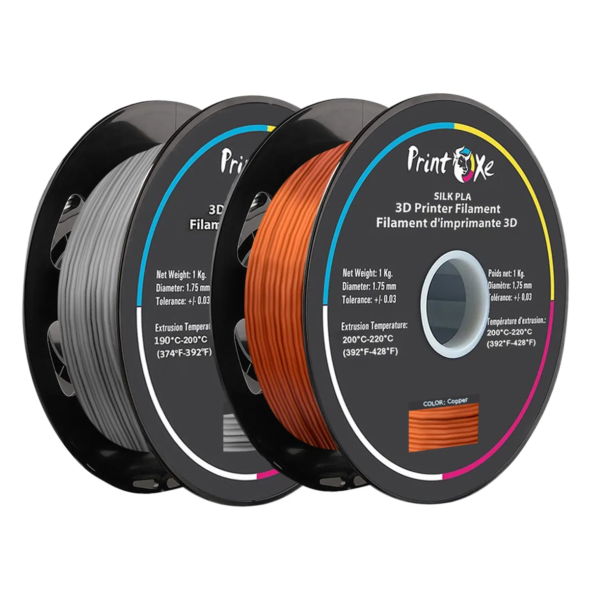 Two spools of silver and copper silk PLA filament in vacuum-sealed boxes