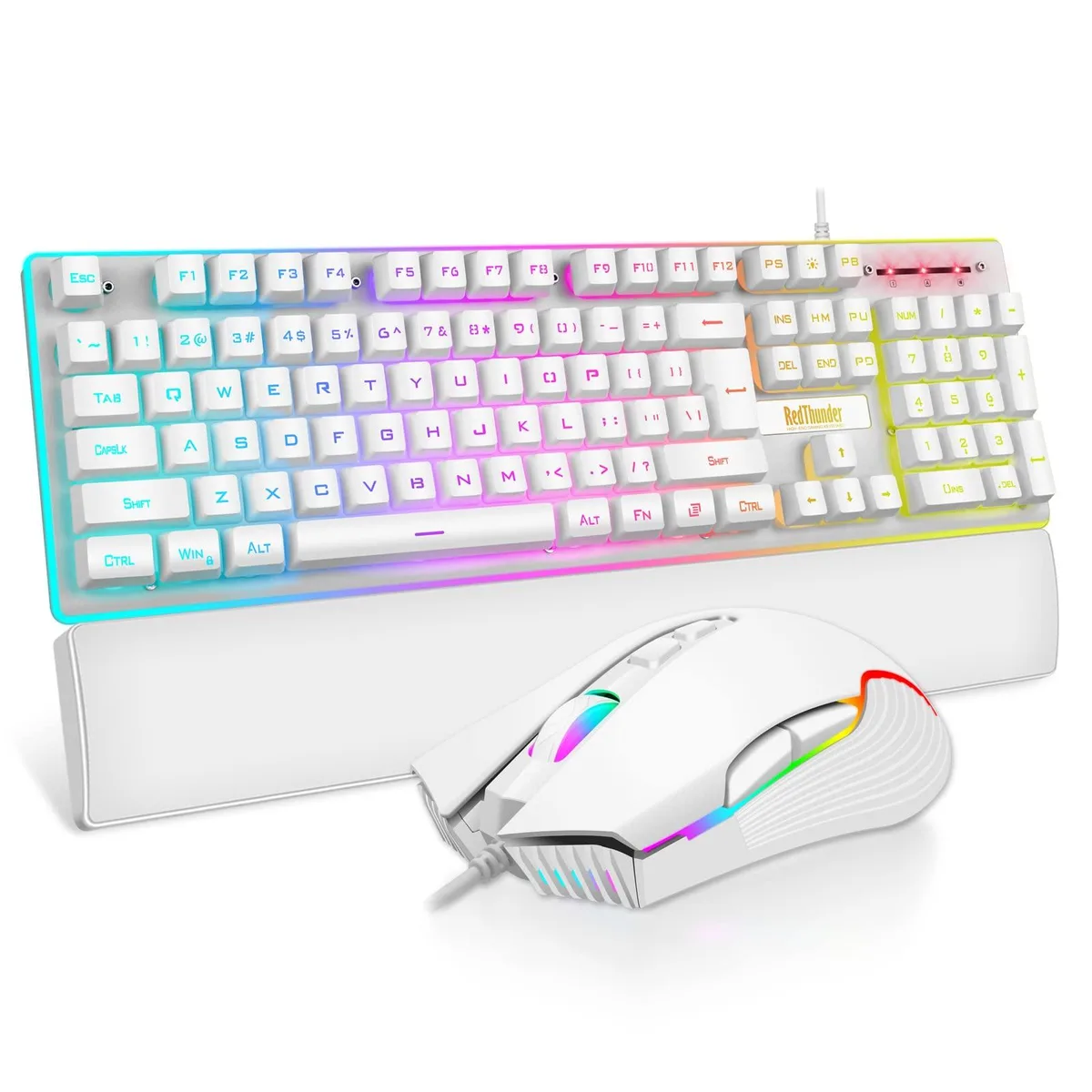 White full-size keyboard with floating keycaps, detachable leather wrist rest and matching mouse with RGB lighting