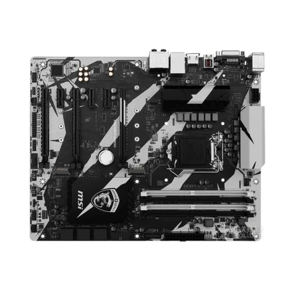 ATX motherboard with black and white finish, LGA 1151 socket, DDR4 slots, multiple PCIe slots