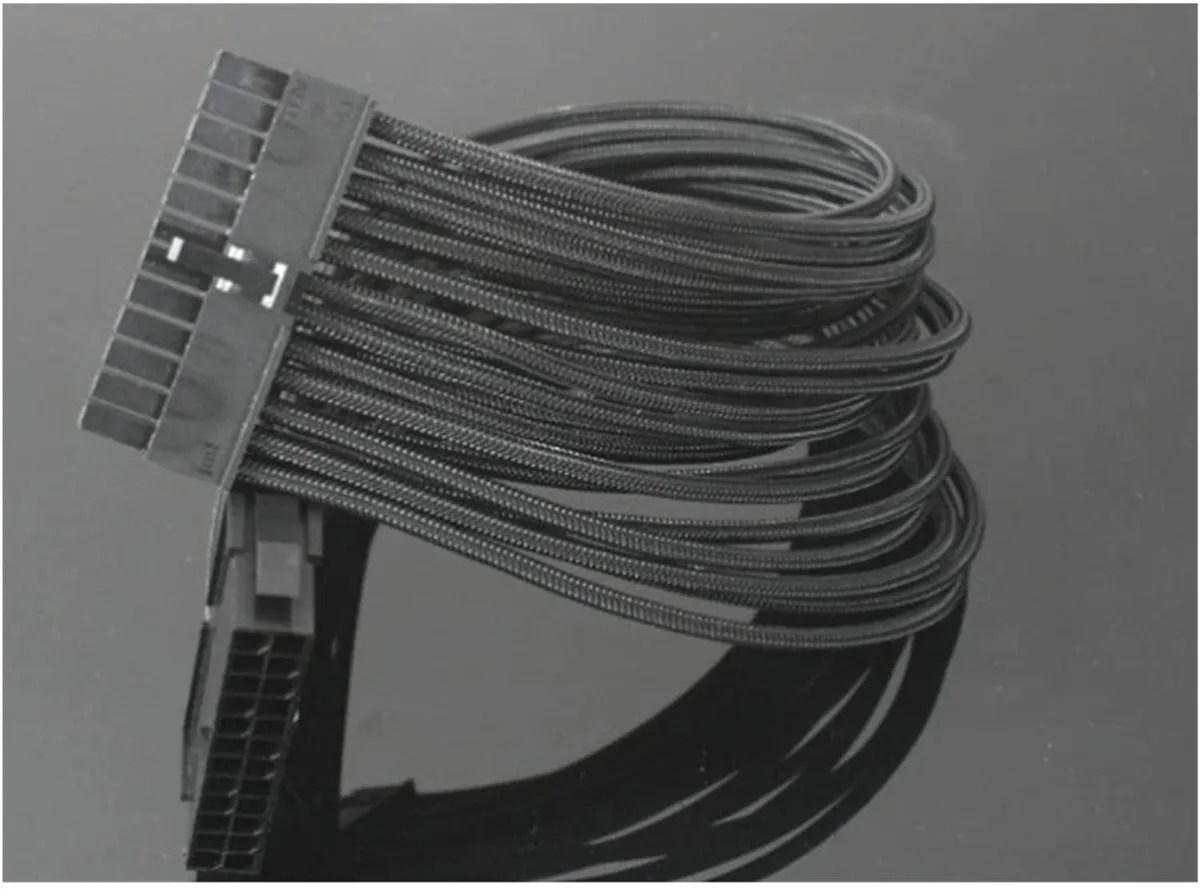 Black nylon-sleeved 24-pin ATX extension cable, 30 cm long, 18AWG