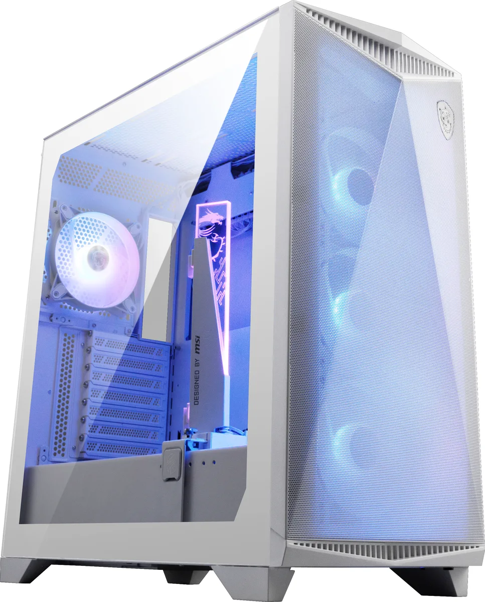 White mid-tower PC case with mesh front panel tempered glass side panel and four pre-installed ARGB fans