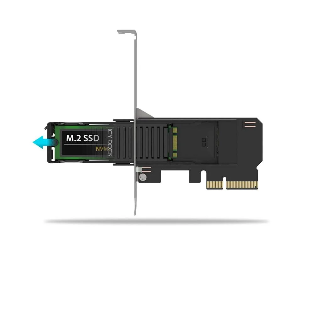 Silver PCIe card with removable M.2 NVMe tray and aluminum heatsink lid