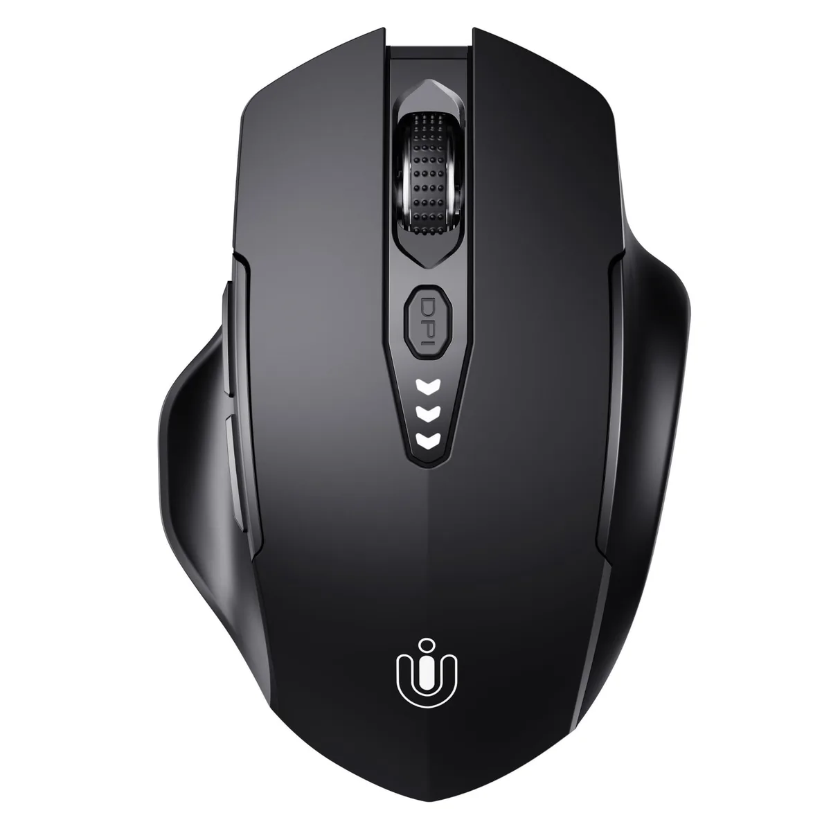 Black ergonomic right-handed gaming mouse with six buttons and a nano receiver stored underneath
