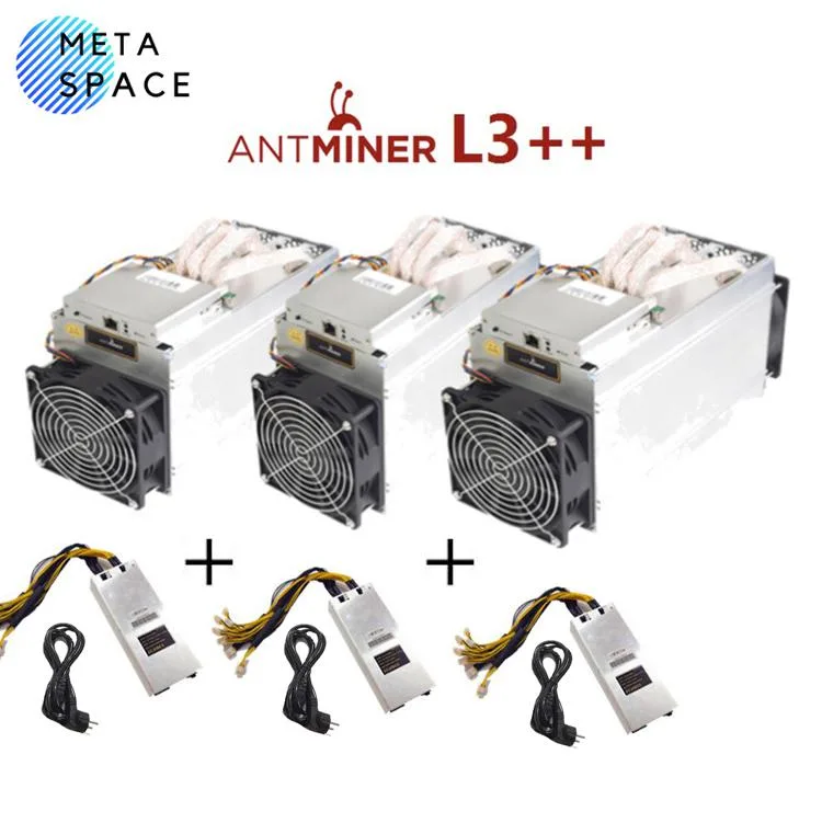 Three rectangular metal miners with dual front and rear fans, Ethernet ports and included power supplies