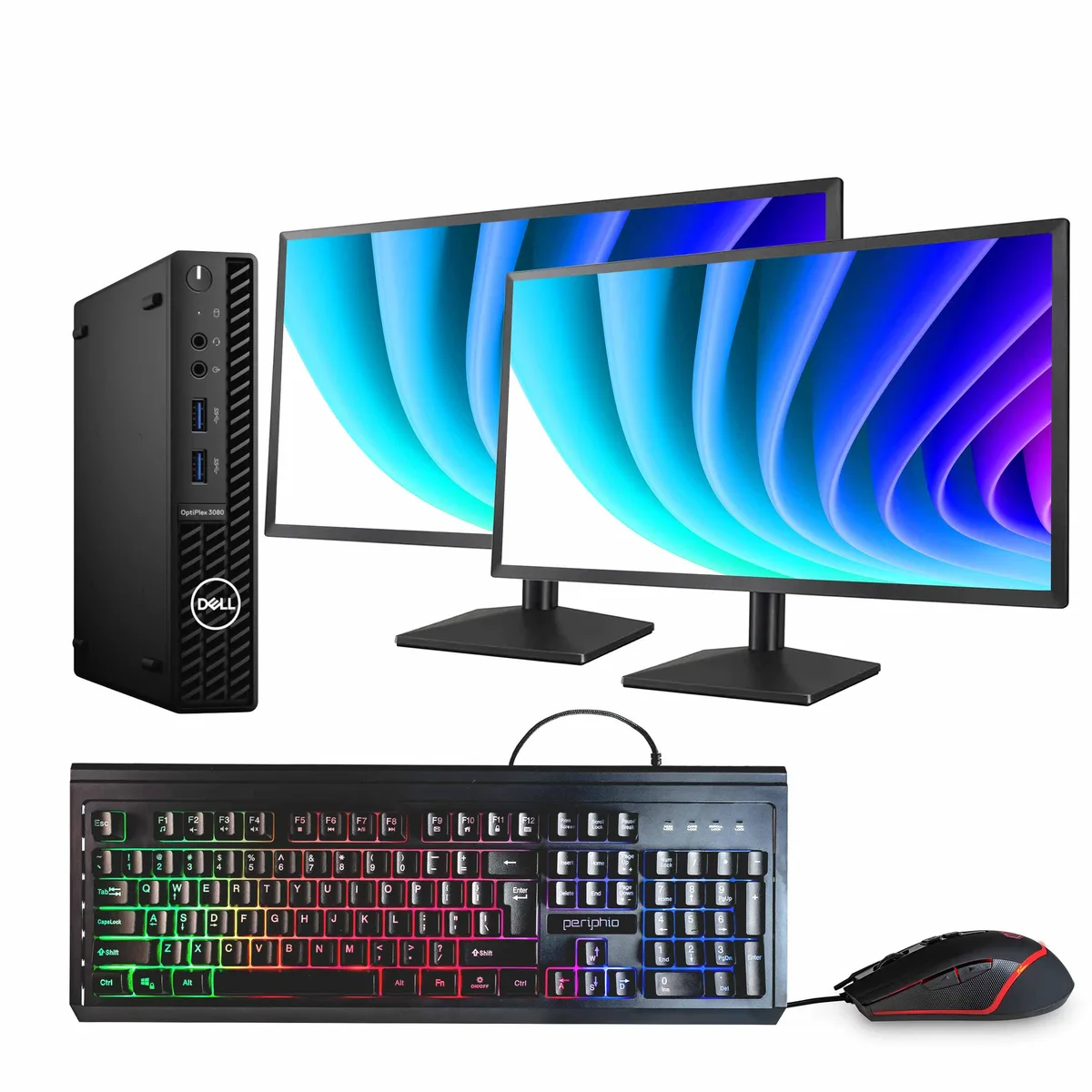 Compact black mini desktop tower with two 24 inch monitors
