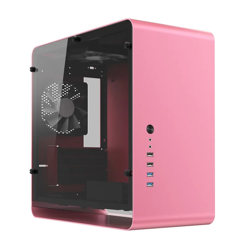 Silver micro-ATX aluminium case with tempered glass side panel and built-in 140 mm front and 120 mm rear fans