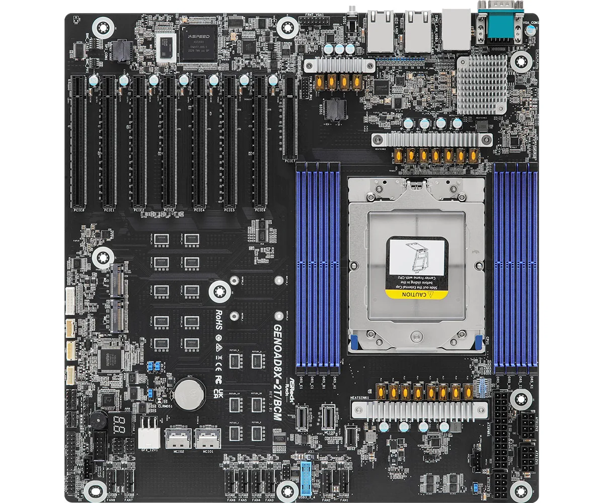 Green rectangular server motherboard with silver CPU socket, eight black memory slots, multiple silver PCIe slots