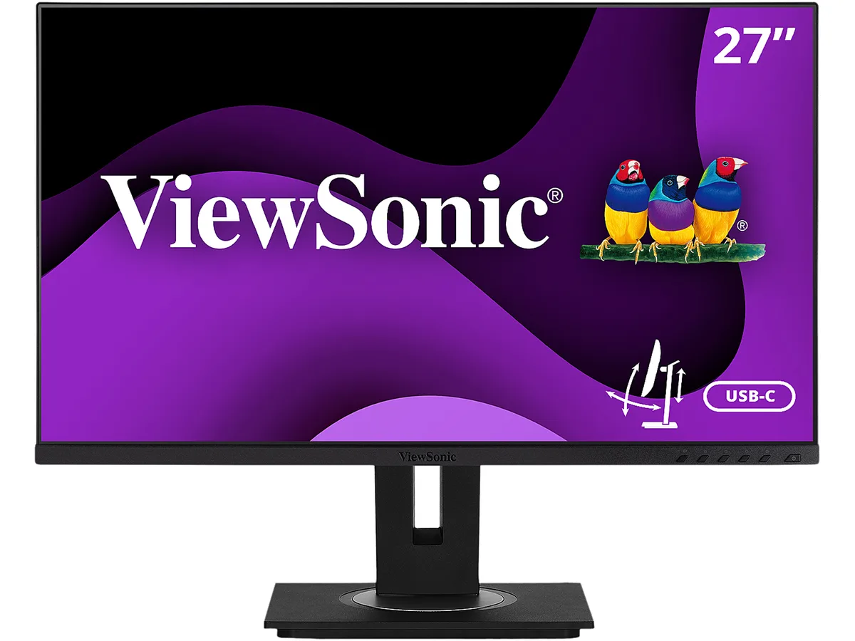 Black 27 inch flat IPS monitor with thin bezels and ergonomic stand