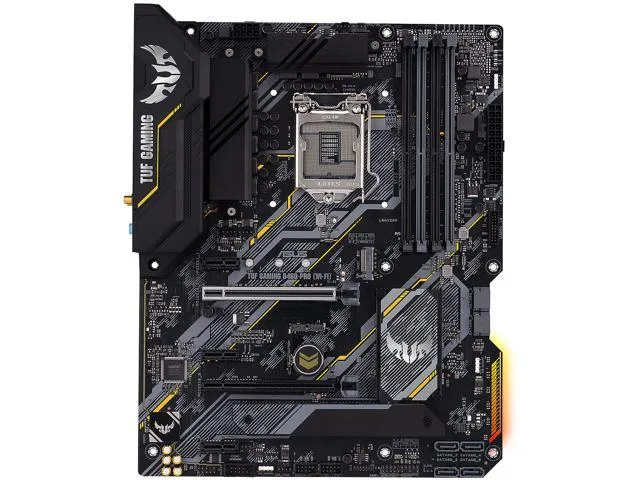 ATX motherboard with dark grey heatsinks, black PCB, yellow TUF accents, four DDR4 slots, six SATA ports, dual M.2 shields