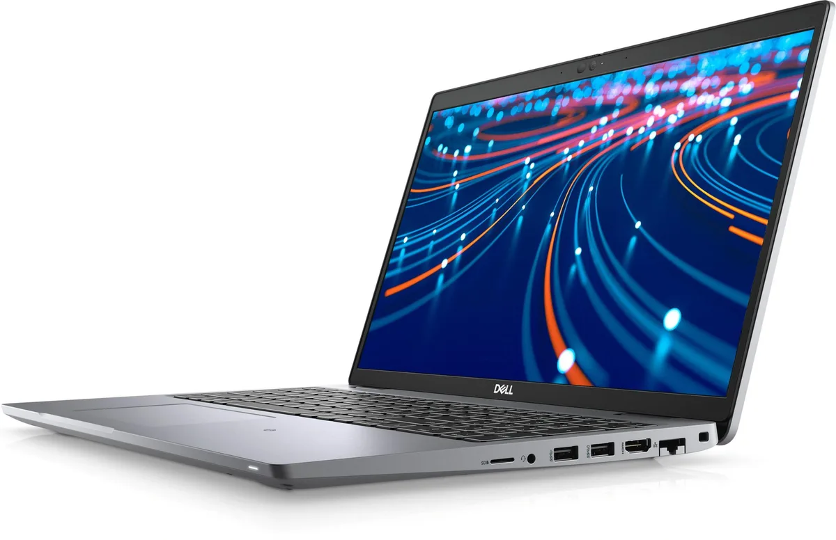 Silver Dell Latitude 5520 15.6 inch touchscreen laptop open on desk