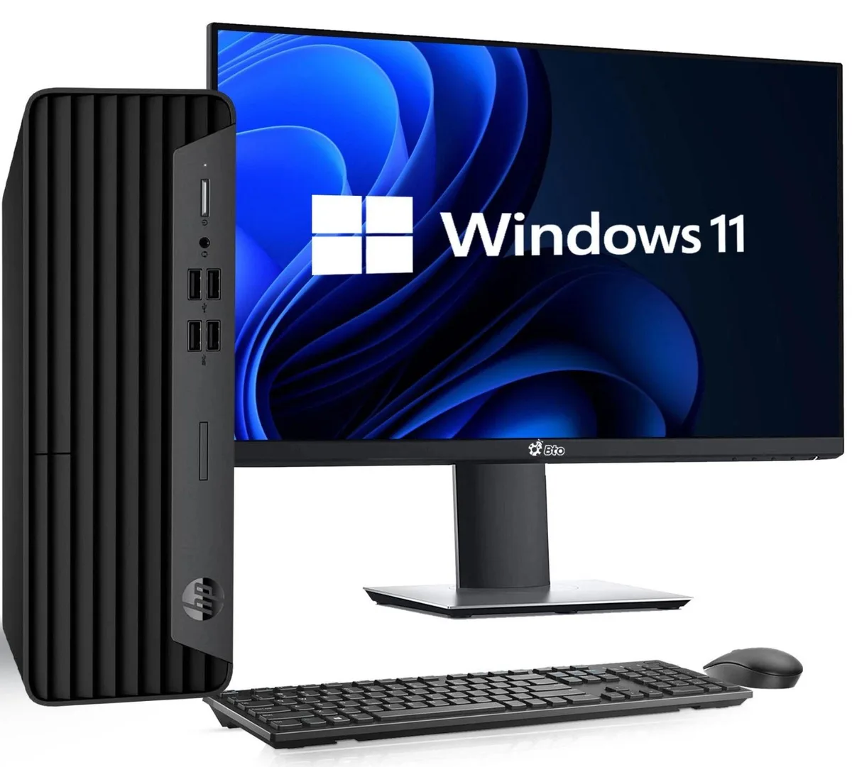 Black small form factor desktop tower with front ports and ventilation