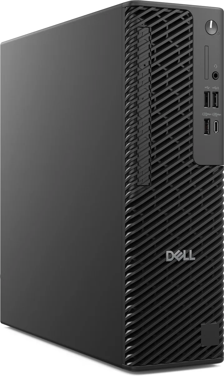 Slim silver desktop tower standing upright